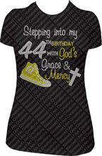 Load image into Gallery viewer, Stepping into my 44th Birthday With God's Grace and Mercy Rhinestone Shirt