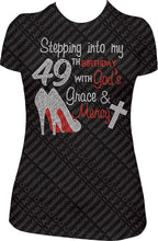 Load image into Gallery viewer, Stepping into my 49th Birthday with God's Grace and Mercy Rhinestone Birthday Shirt