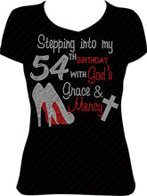 Load image into Gallery viewer, Stepping into my 54th Birthday with God's Grace and Mercy V Neck Rhinestone Birthday Shirt