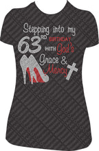Load image into Gallery viewer, Stepping into my 63rd Birthday with God's Grace and Mercy Rhinestone Birthday Shirt