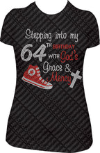 Load image into Gallery viewer, Stepping into my 64th Birthday With God's Grace and Mercy Converse Rhinestone Birthday Shirt