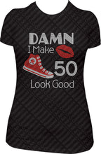 Load image into Gallery viewer, Damn I make 50 look good high top converse Rhinestone shirt, 50th rhinestone shirt, 50 bling shirt, birthday girl shirt, 50 look good birthday shirt,