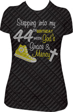 Load image into Gallery viewer, Stepping into my 44th Birthday With God&#39;s Grace and Mercy Rhinestone Shirt
