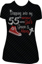 Load image into Gallery viewer, Stepping into my 55th Birthday With God&#39;s Grace and Mercy Converse Rhinestone Shirt
