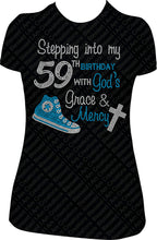 Load image into Gallery viewer, Stepping into my 59th Birthday with God&#39;s Grace and Mercy Converse Rhinestone Birthday Shirt
