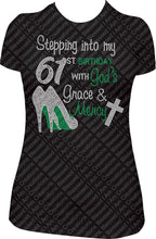 Load image into Gallery viewer, Stepping into my 61st Birthday With God&#39;s Grace and Mercy Rhinestone Birthday Shirt
