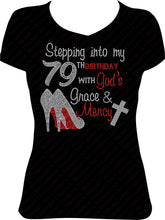 Load image into Gallery viewer, Stepping into my 79th Birthday with God&#39;s Grace and Mercy V Neck Rhinestone Birthay Shirt
