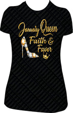 Load image into Gallery viewer, January Faith and Favor Glitter Bling Birthday Shirt

