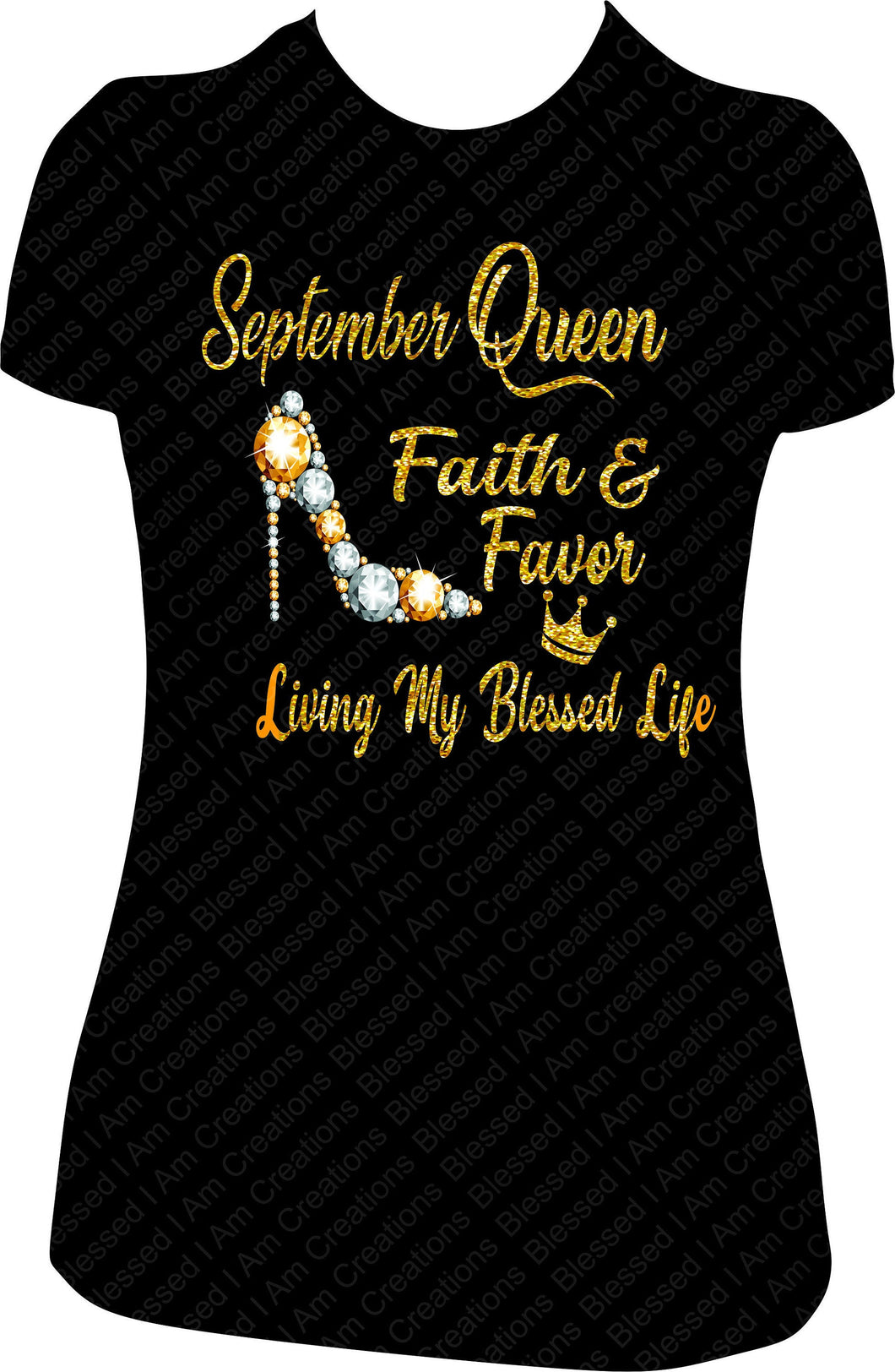September Queen Living My Blessed Life Glitter Bling Birthday Shirt